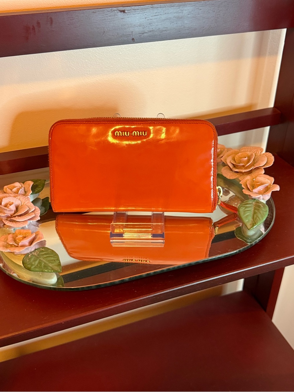Miu Miu Orange Patent Leather Zip-Around Wallet